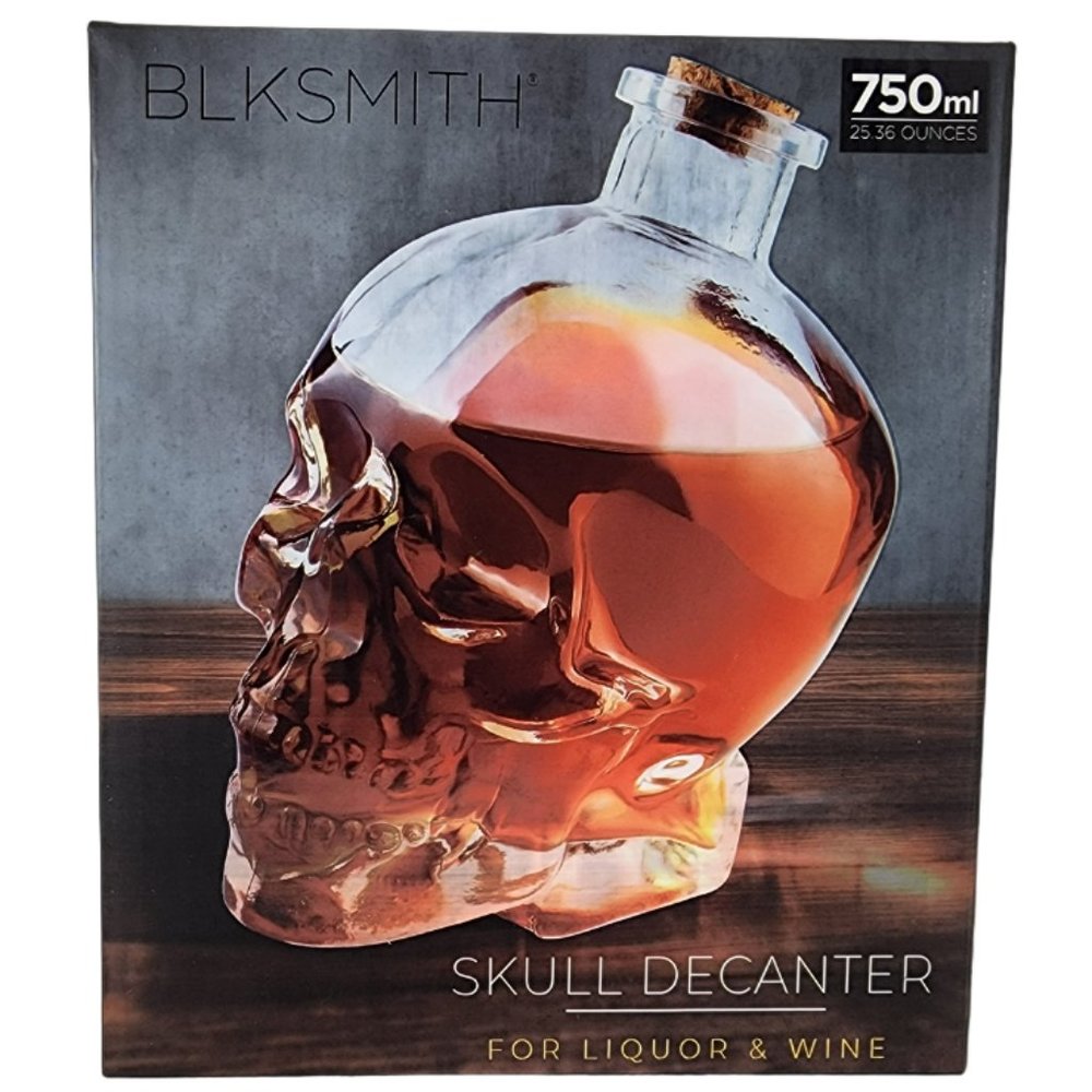 BLKSMITH Skull Clear Glass Decanter with Cork 750 ml (25.36oz) For Liquor & Wine